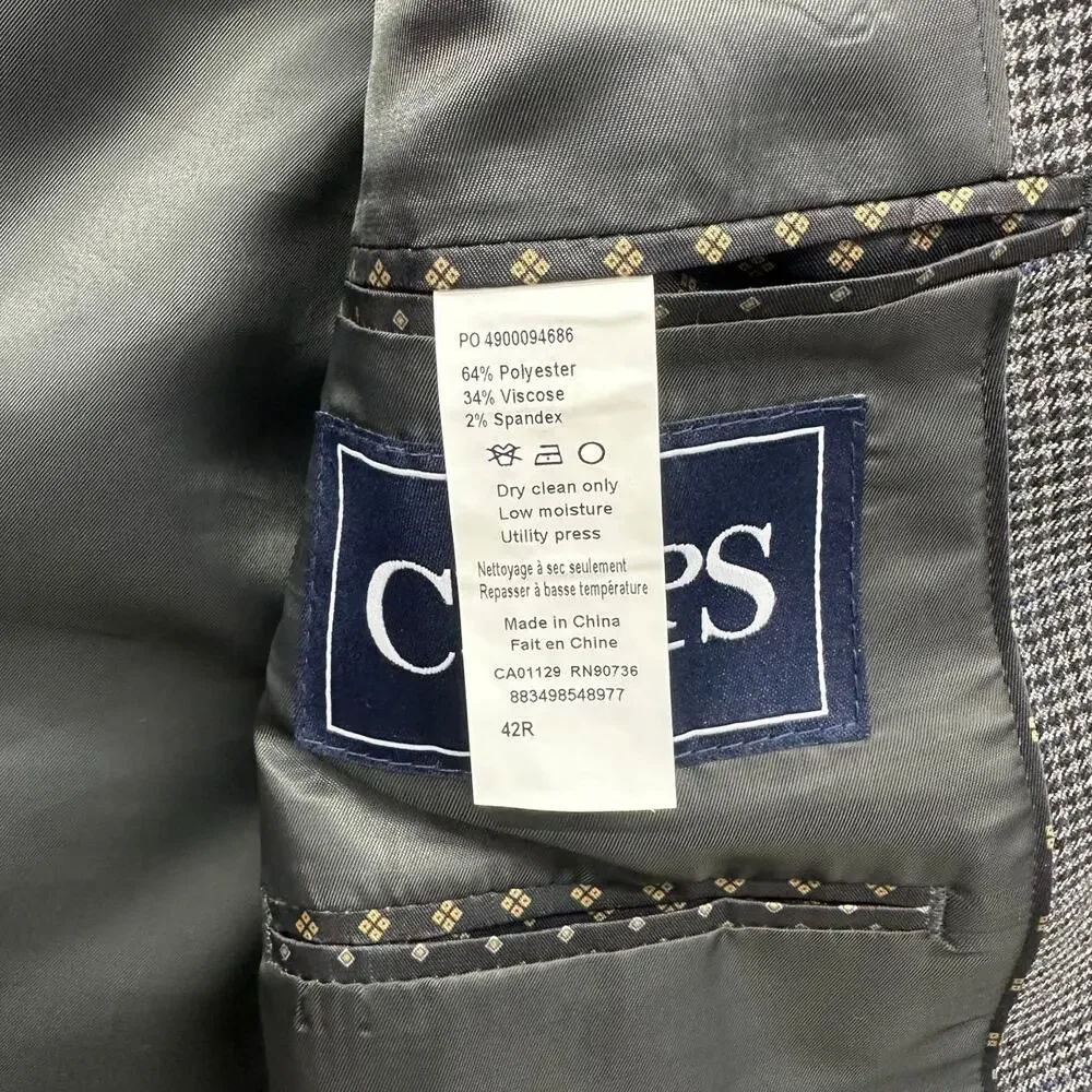 Chaps Men's Tweed Blazer Sportscoat 42R Gray Blue Houndstooth Academia Wool